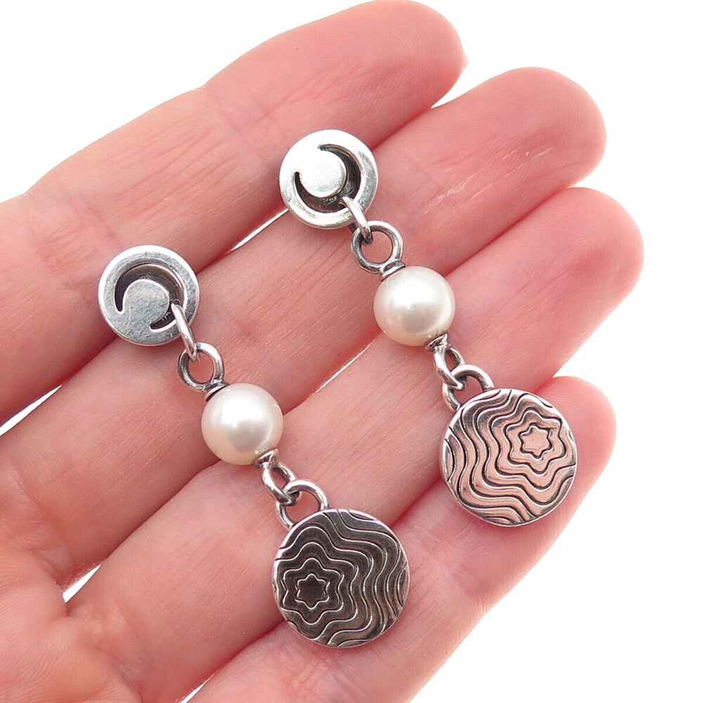 Montblanc 925 Sterling Silver Vintage Real Pearl Star Collection Dangle Earrings